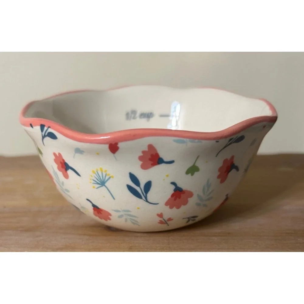 Pioneer Woman Nesting Measuring Bowls Set 2 Floral Stoneware 1 Cup 1/2 Cup